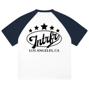 script,stars,baseball,tee,raglan,color blocked,intrfr,los angeles