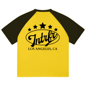 script,stars,baseball,tee,raglan,color blocked,intrfr,los angeles